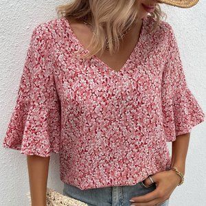 New Ditsy Floral Flounce Sleeve Blouse Red